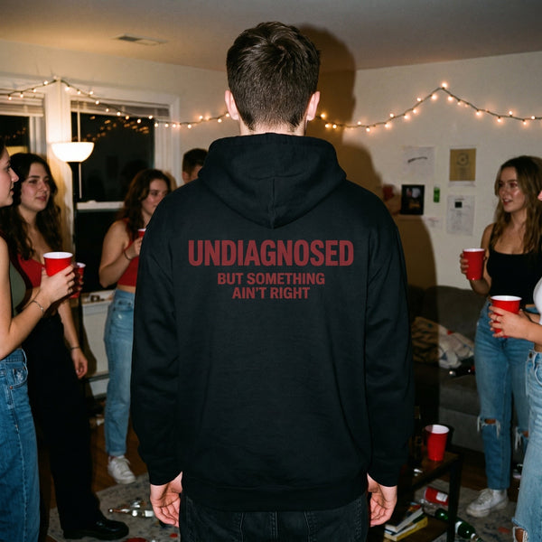House party, black Undiagnosed hoodie back print under flash light