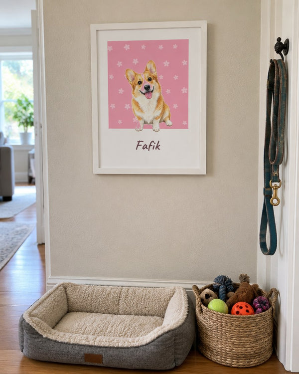 Portret zwierzaka w przedpokoju nad legowiskiem