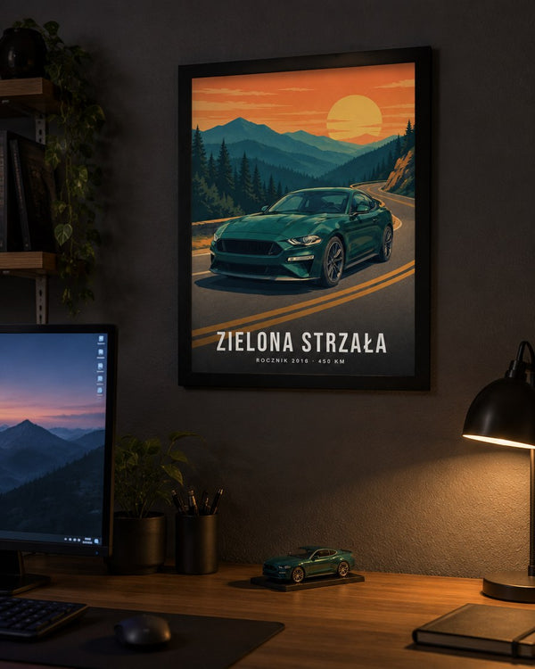 Plakat z autem w domowym biurze
