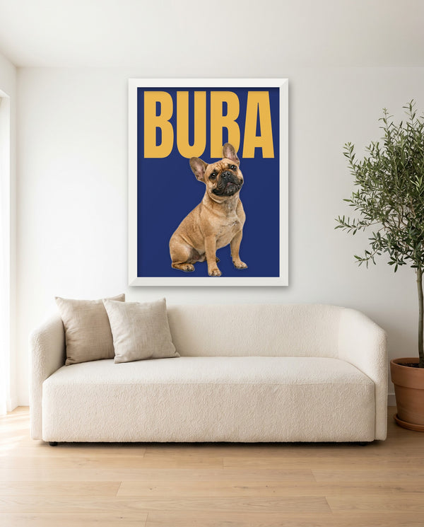 Dog poster on a name background in a white wood frame on the wall